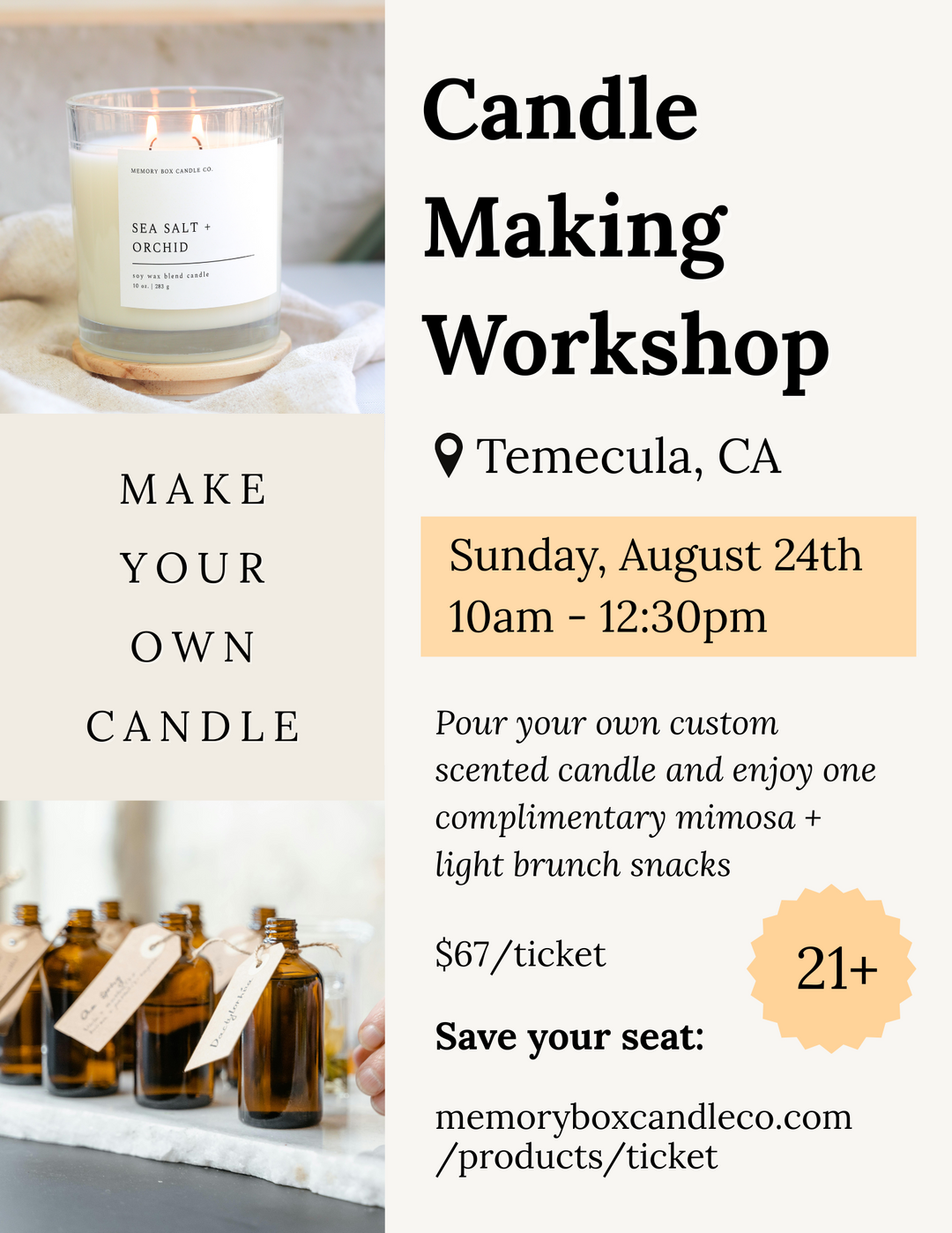 Pour + Sip Candle Making Workshop Ticket (August 24th 10am-12:30pm)